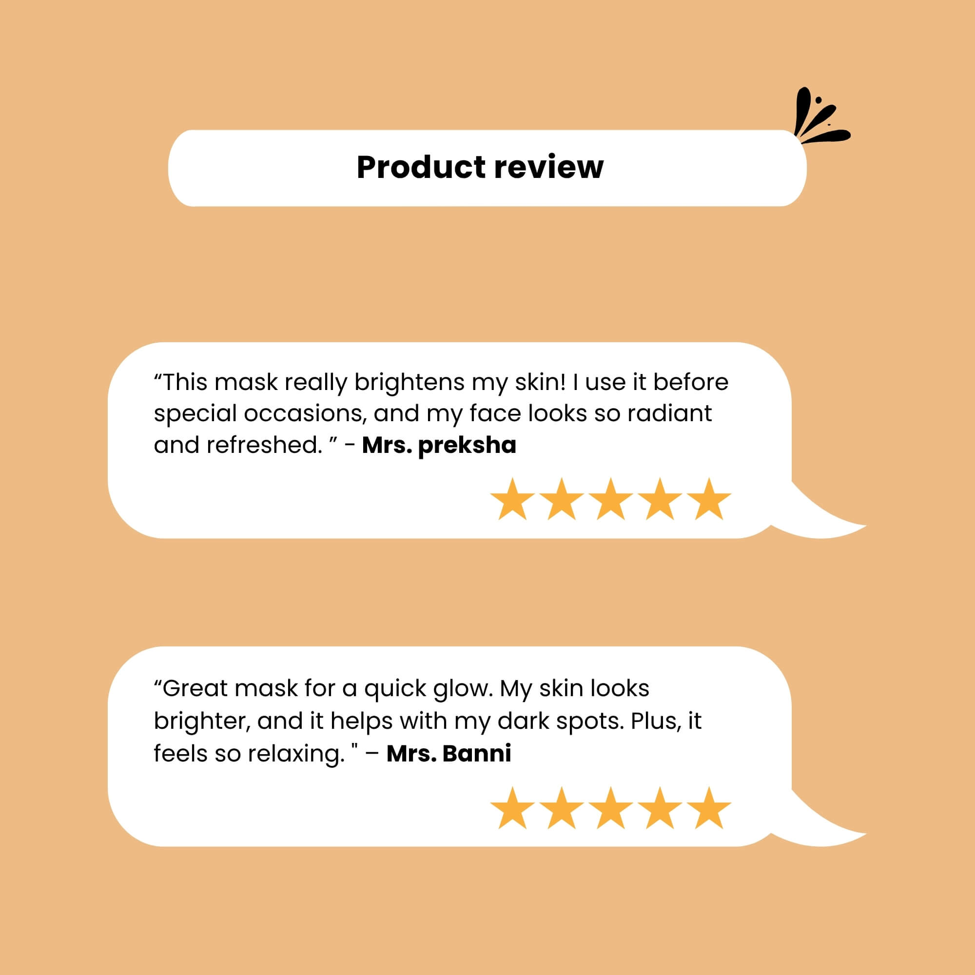 Customer reviews of Skinaa Brightening Mask highlighting radiant glow, brighter skin, reduced dark spots, and refreshed look with 5-star ratings